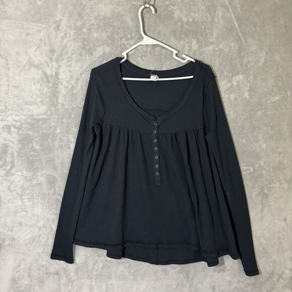 We The Free People Black Thermal Long Sleeve Baby Doll Top S Waffle Loose Boho - Picture 1 of 8